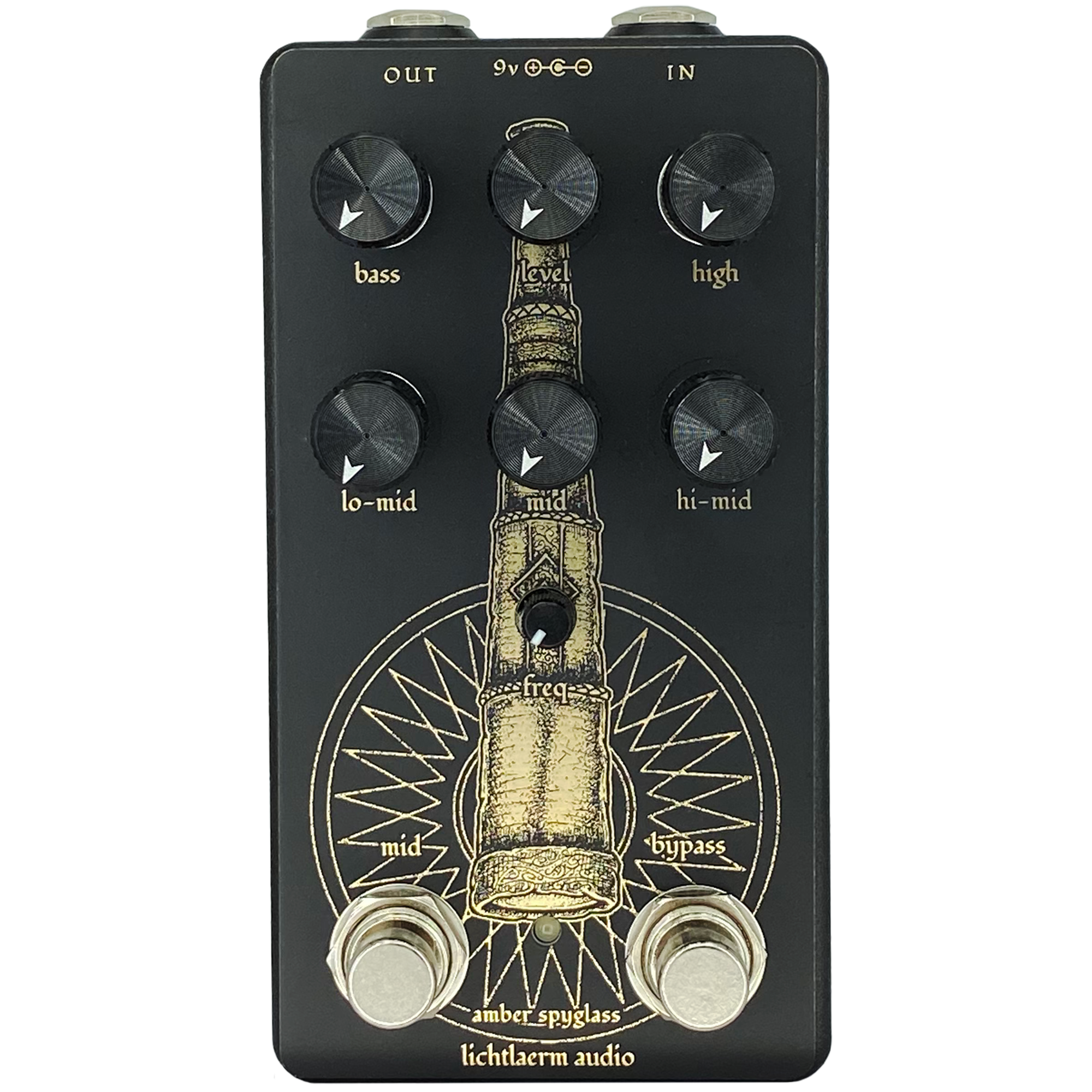 Black and gold Lichtlaerm Amber Spyglass EQ pedal for guitars