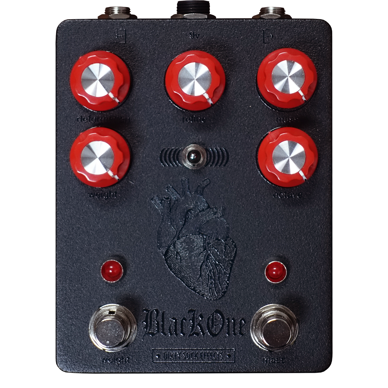 Black and red Dirty Sock Effects Black One Distortion + Fuzz Pedal for Guitars