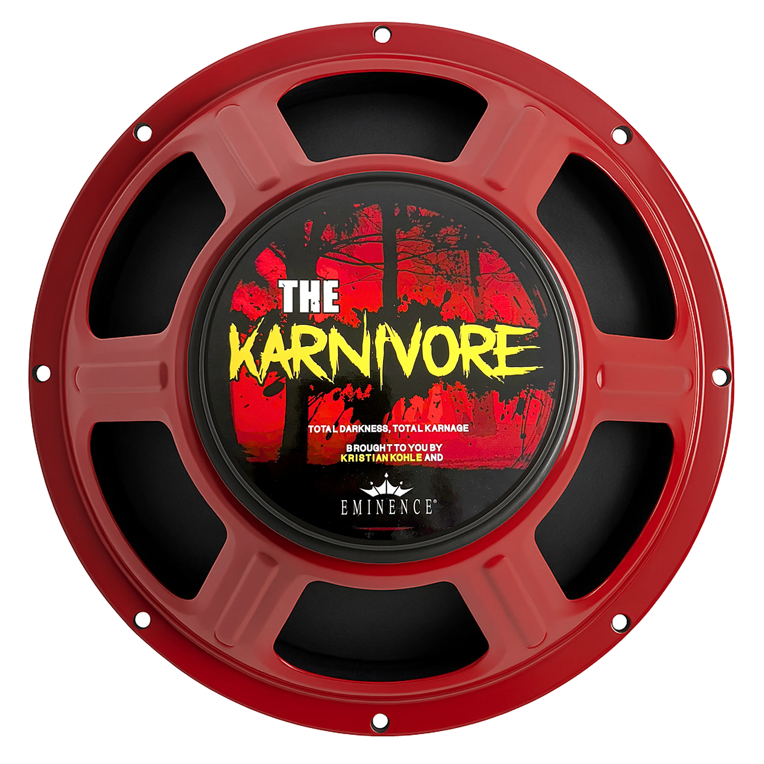 Red speaker cone with 'The Karnivore' branding on a white background