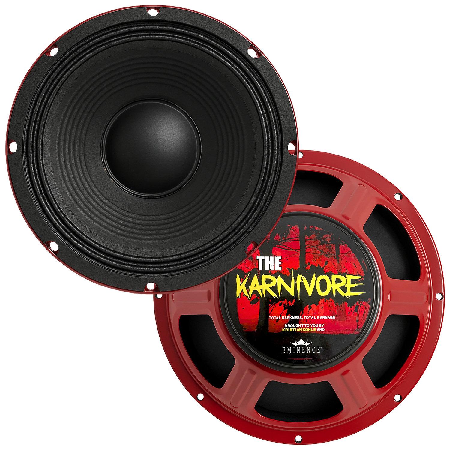 Speaker with a red and black design featuring 'The Karnivore' logo on the magnet