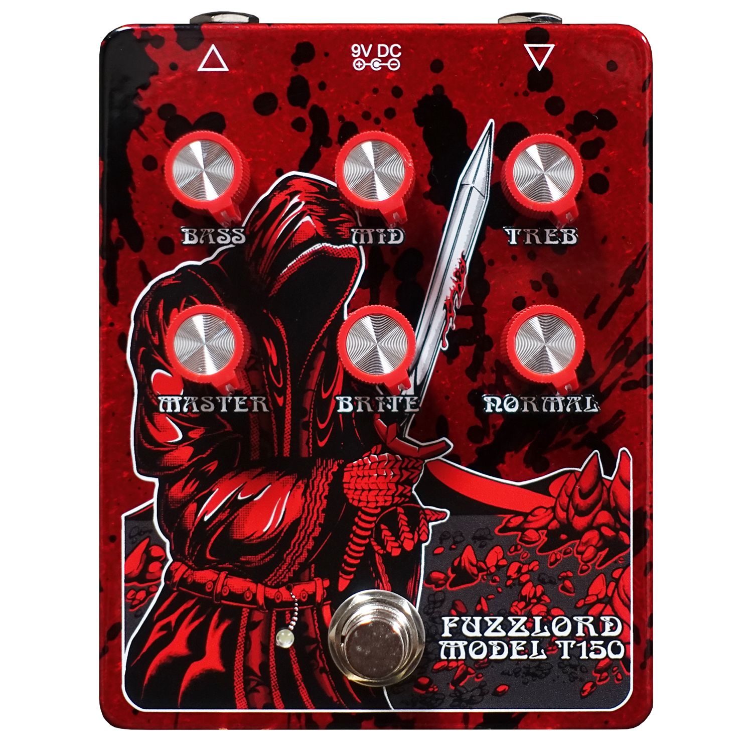 Guitar effects pedal with red and black design and 'Fuzzlord Model T150' branding.