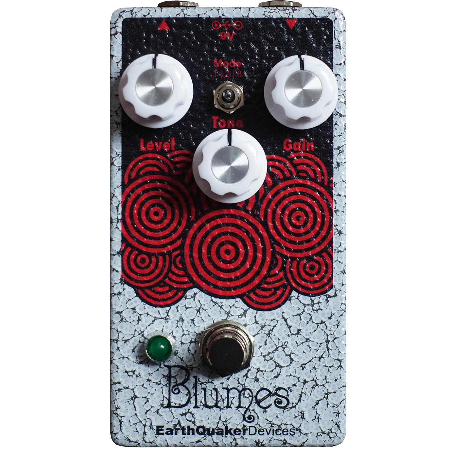 EarthQuaker Devices effects pedal with red spiral design and 'Blumes' branding on a white background