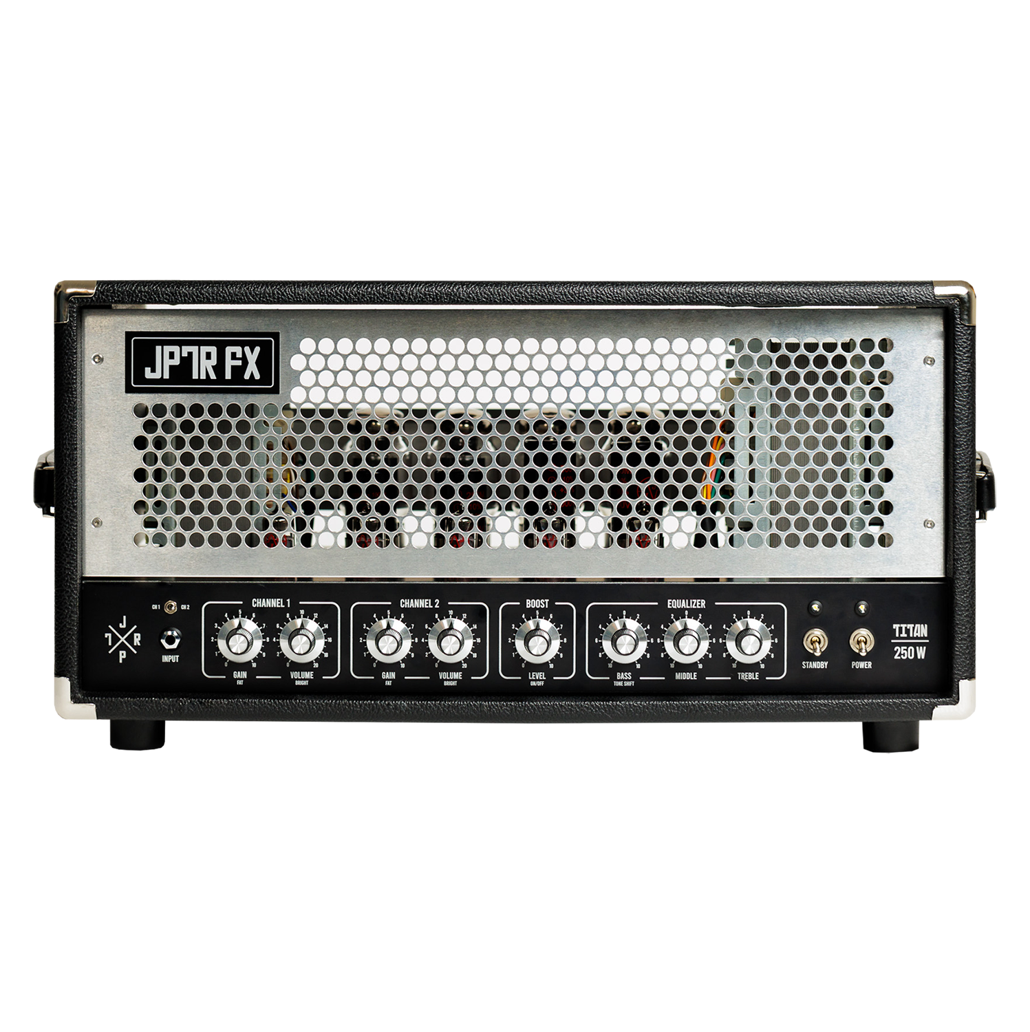 Guitar amplifier head with black panel on a white background