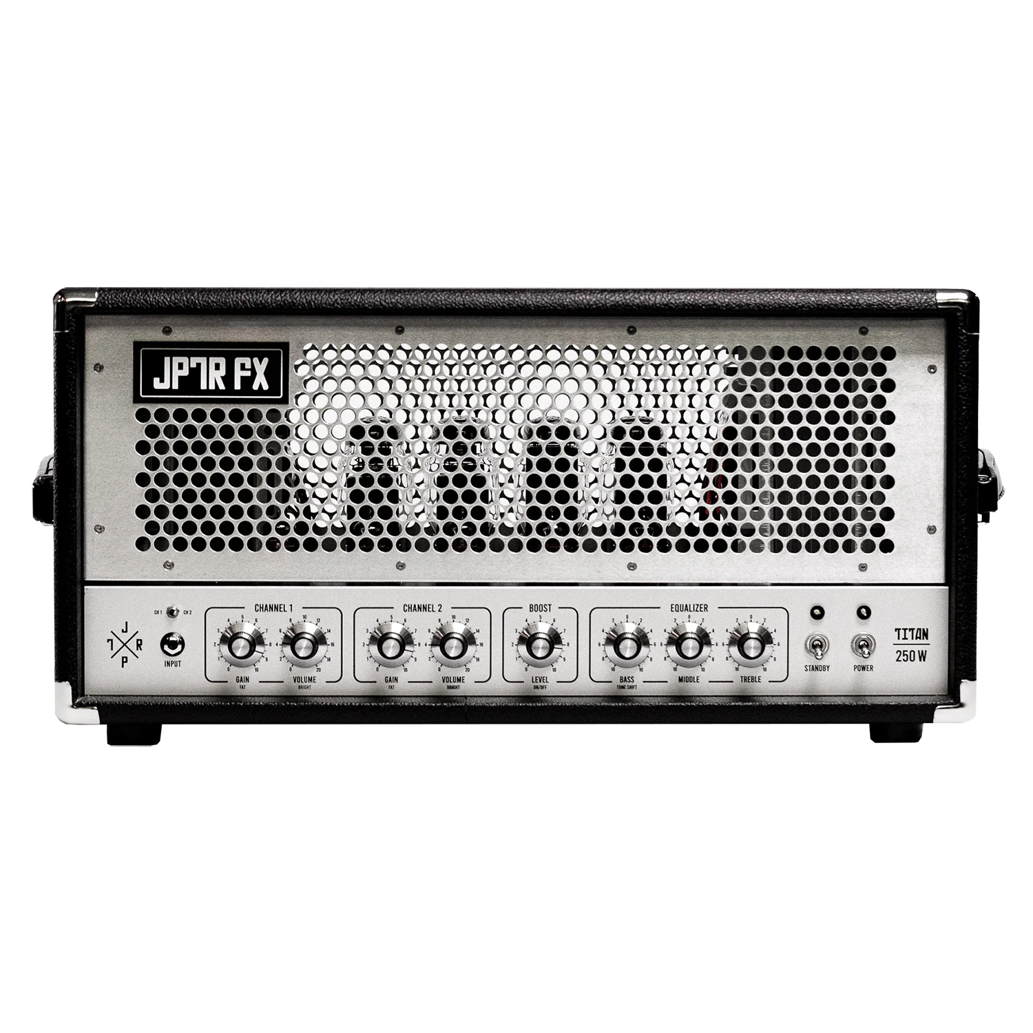 Guitar amplifier head with 'JF1R FX' branding on silver panel on a white background