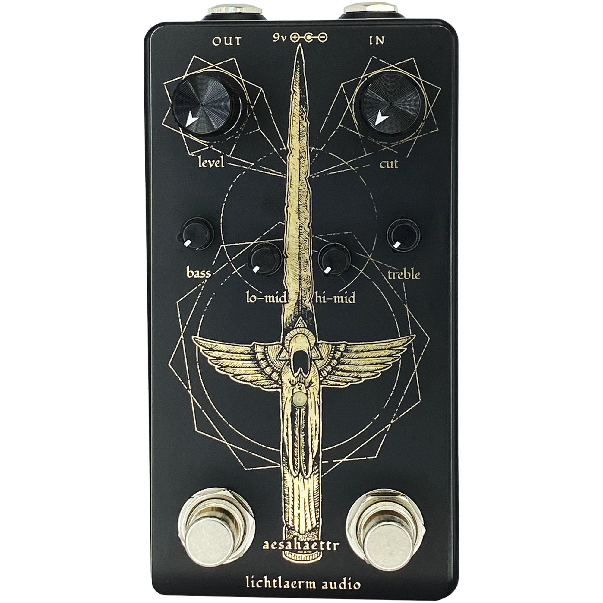 Black and gold Lichtlaerm Aesahaettr Boost pedal for guitars