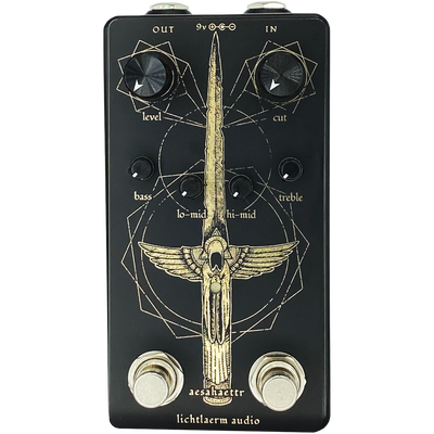 Black and gold Lichtlaerm Aesahaettr Boost pedal for guitars
