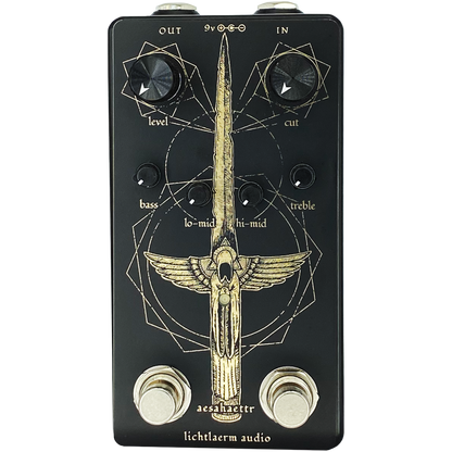 Black and gold Lichtlaerm Aesahaettr Boost pedal for guitars