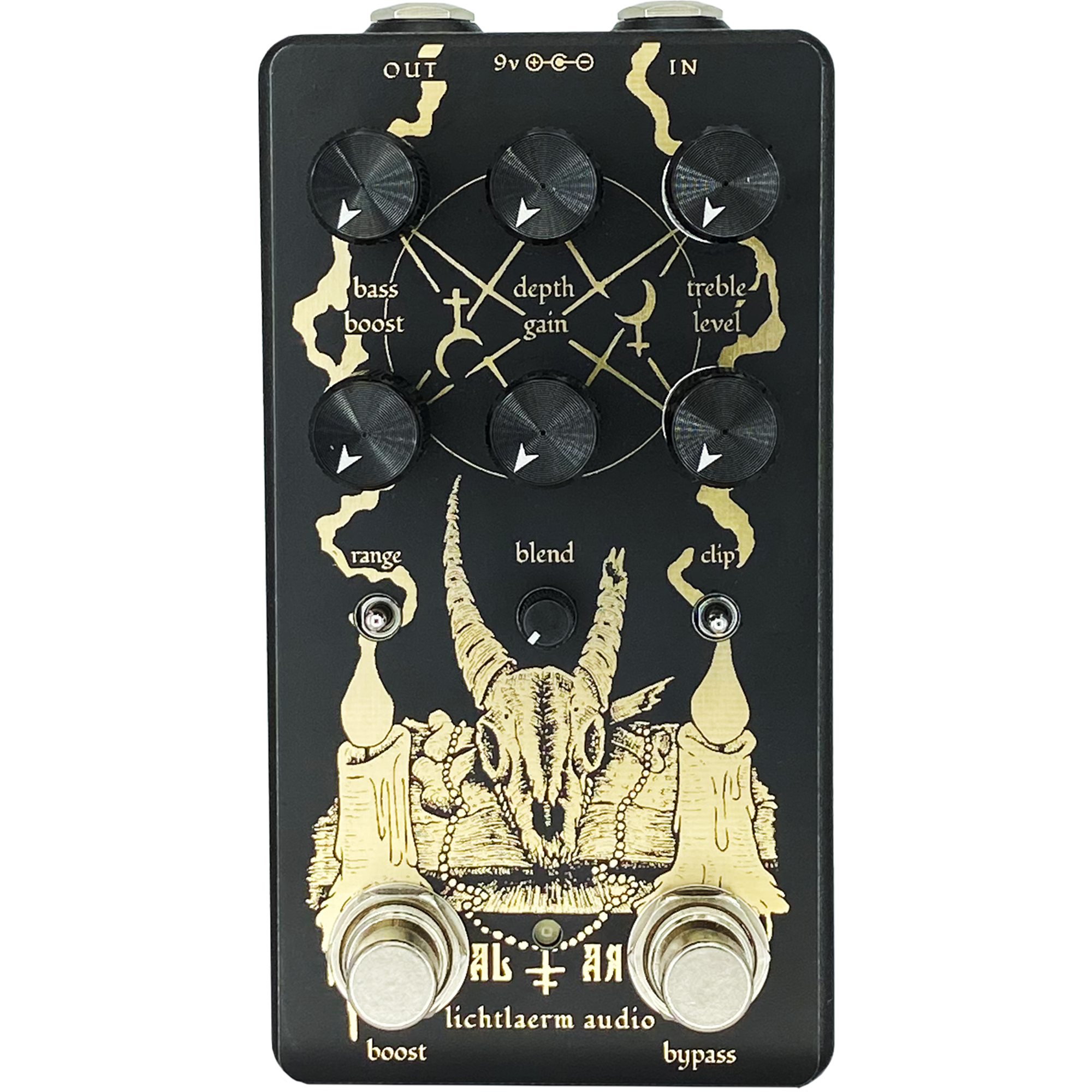 Black and gold Lichtlaerm Altar Mk3 Fuzz pedal for guitars