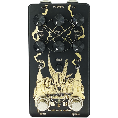 Black and gold Lichtlaerm Altar Mk3 Fuzz pedal for guitars