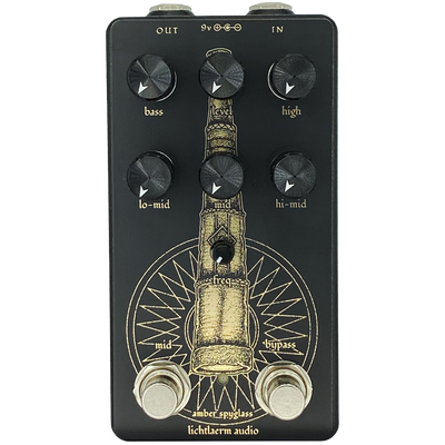 Black and gold Lichtlaerm Amber Spyglass  EQ pedal for guitars