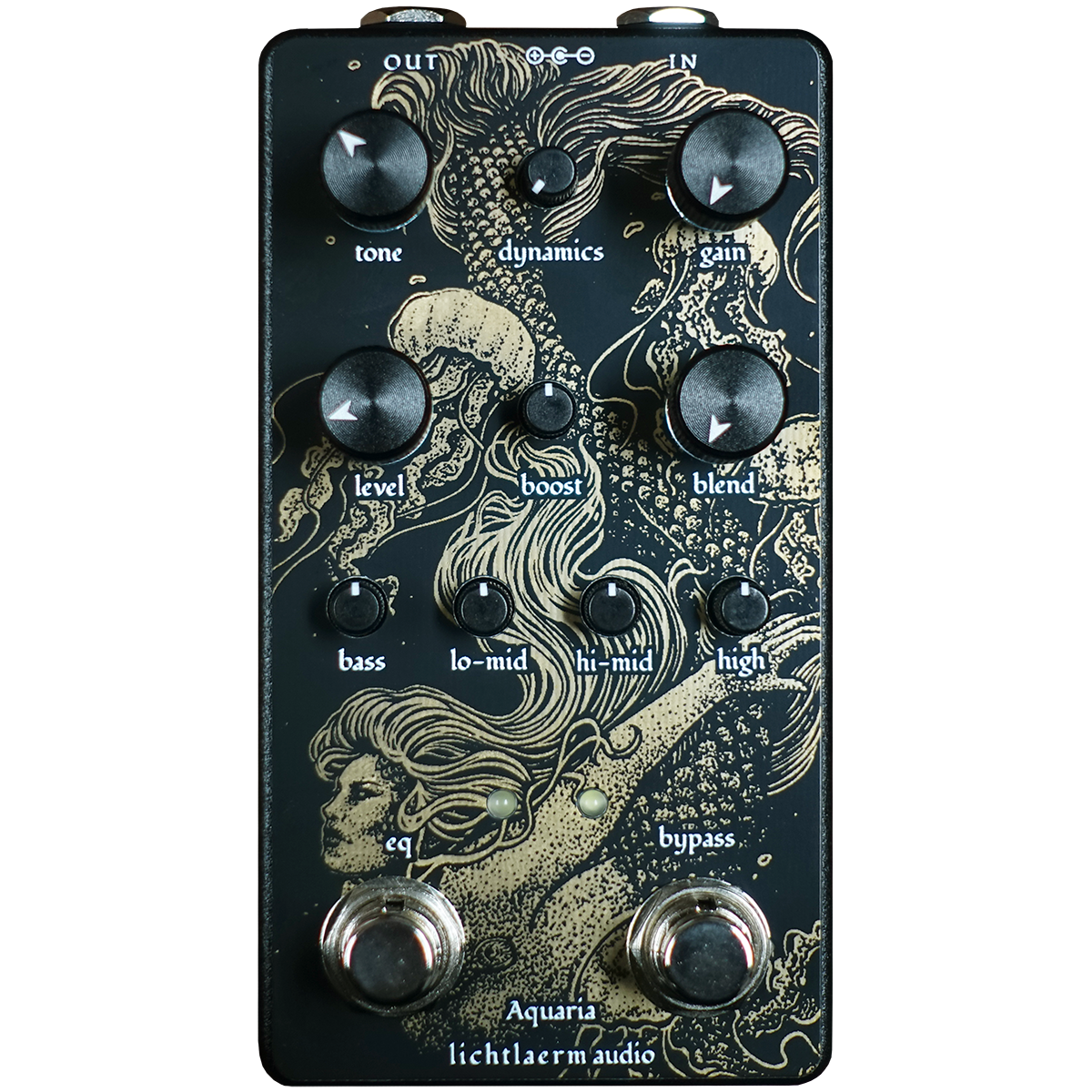 Black and gold Lichtlaerm Aquaria Overdrive pedal for guitars