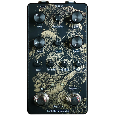 Black and gold Lichtlaerm Aquaria Overdrive pedal for guitars