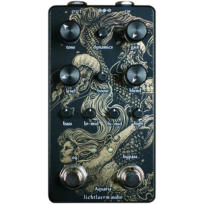 Black and gold Lichtlaerm Aquaria Overdrive pedal for guitars