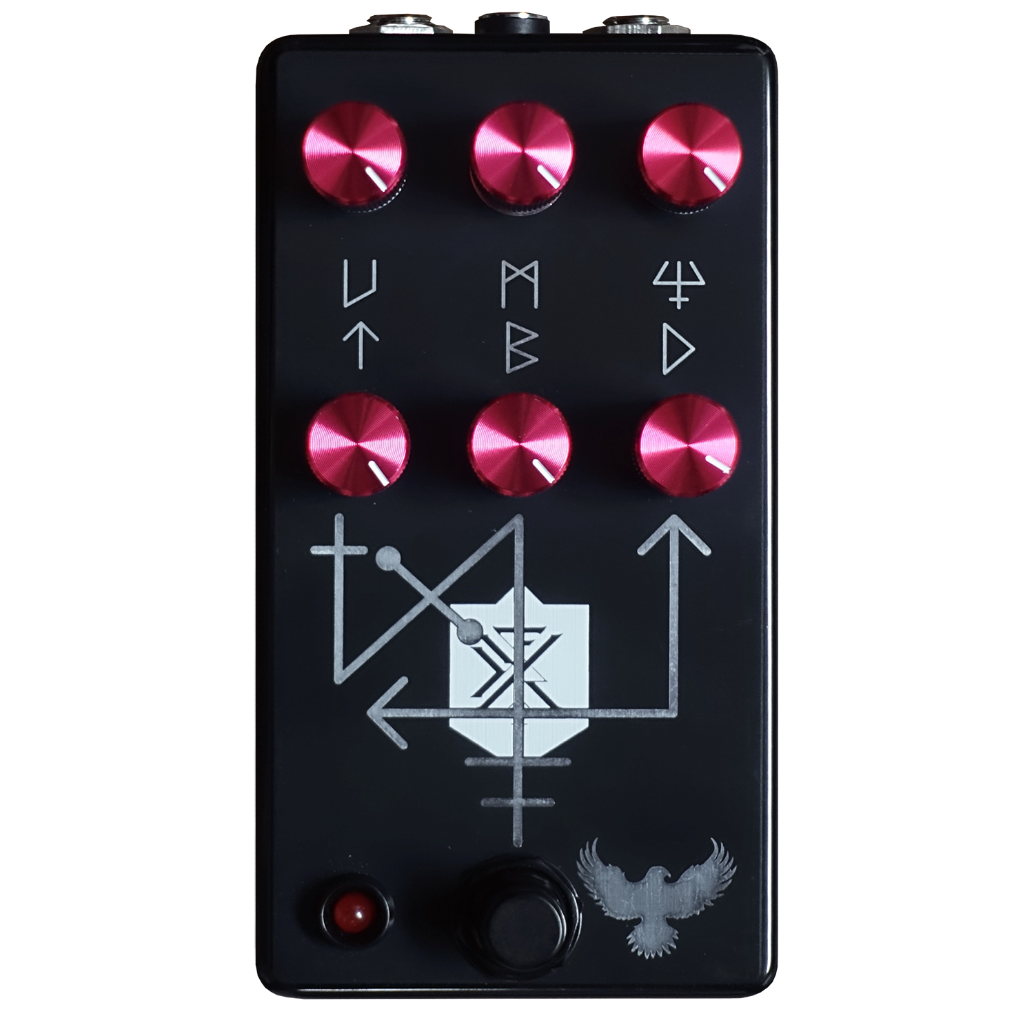 Guitar effects pedal called the Balrog with red knobs and symbols on a black background