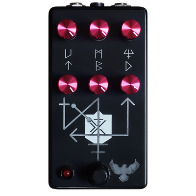 Guitar effects pedal called the Balrog with red knobs and symbols on a black background