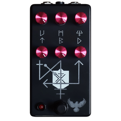 Guitar effects pedal called the Balrog with red knobs and symbols on a black background