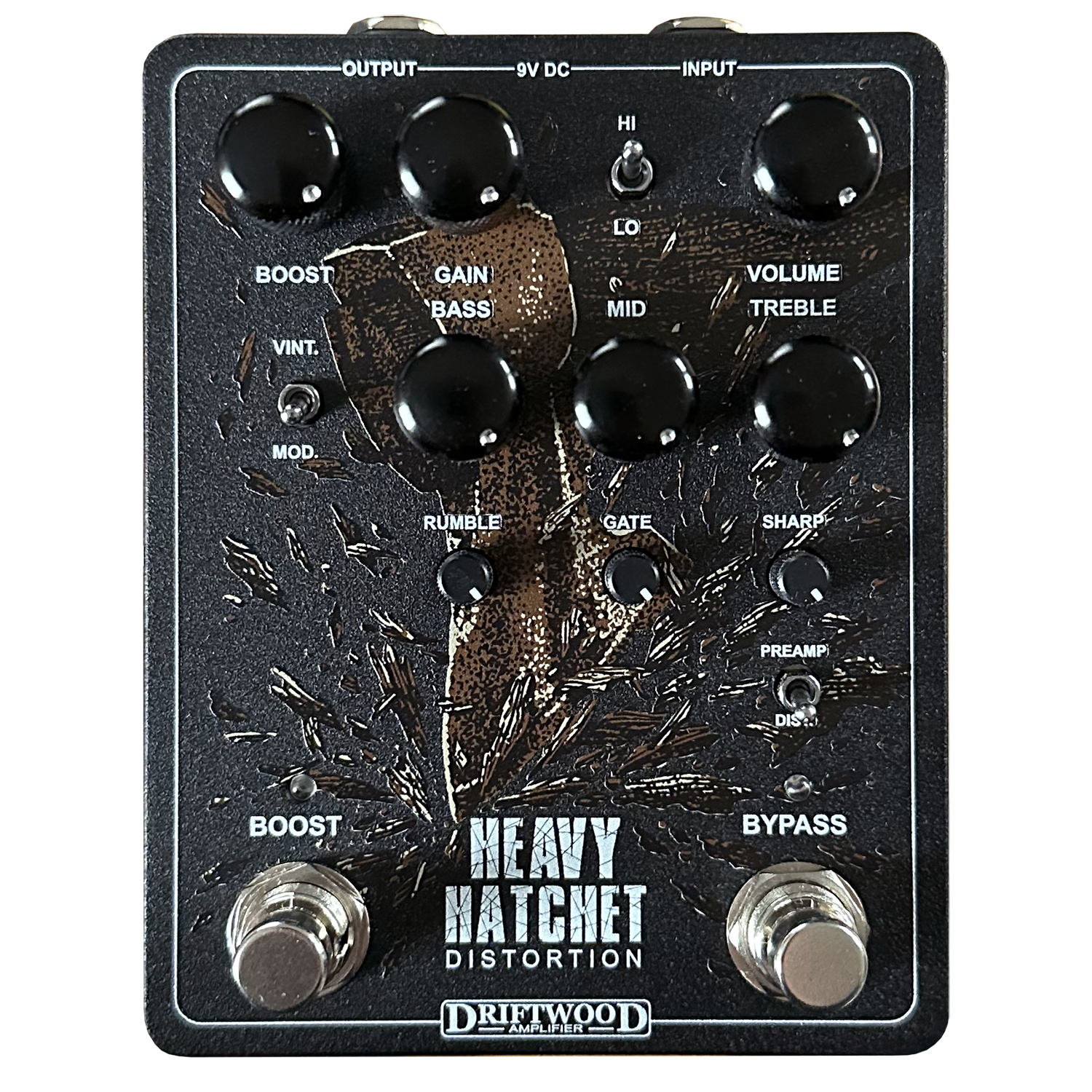 Black and brown Driftwood Heavy Hatchet Distortion + Preamp pedal for guitars