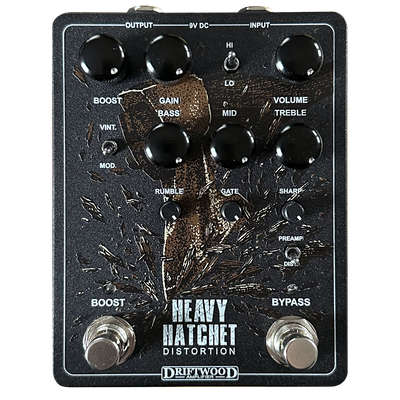 Black and brown Driftwood Heavy Hatchet Distortion + Preamp pedal for guitars