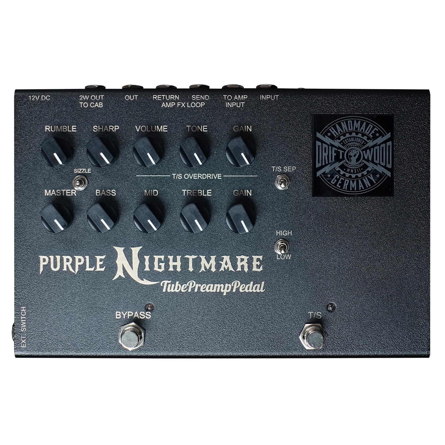 Purple Nightmare tube preamp pedal with control knobs by Driftwood from Germany 