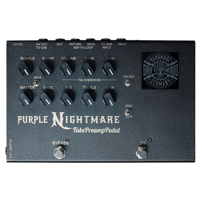 Purple Nightmare tube preamp pedal with control knobs by Driftwood from Germany 