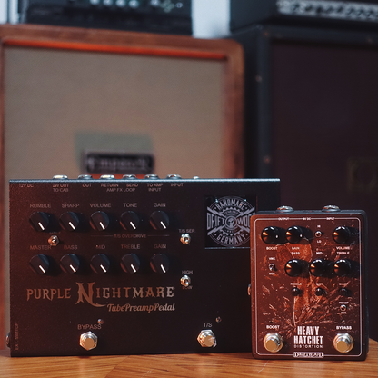 Driftwood Purple Nightmare Tube Preamp pedal at Cult FX HQ -- you can also see the Heavy Hachet pedal in this image. 