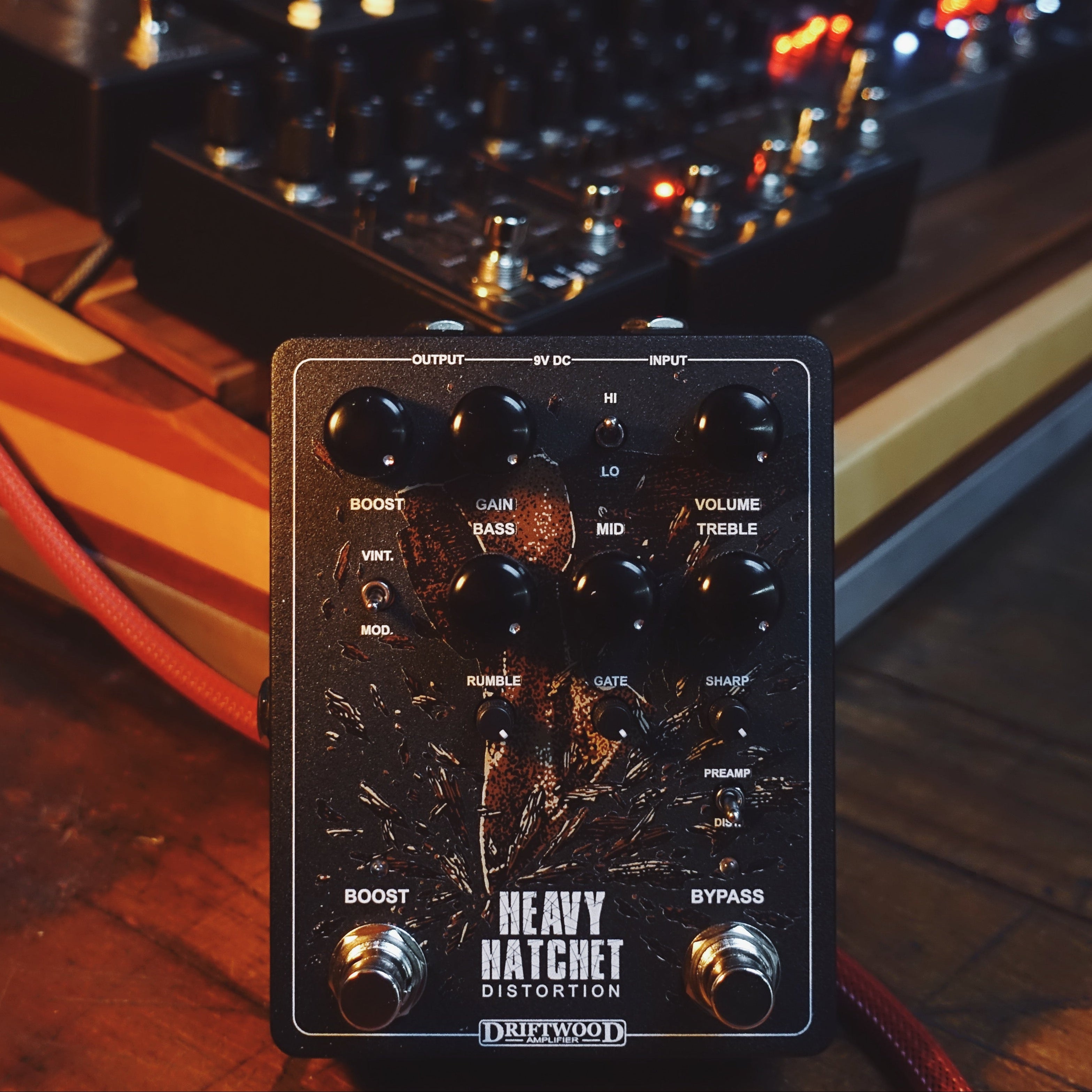 Black and brown Driftwood Heavy Hatchet Distortion + Preamp pedal for guitars at Cult FX headquarters