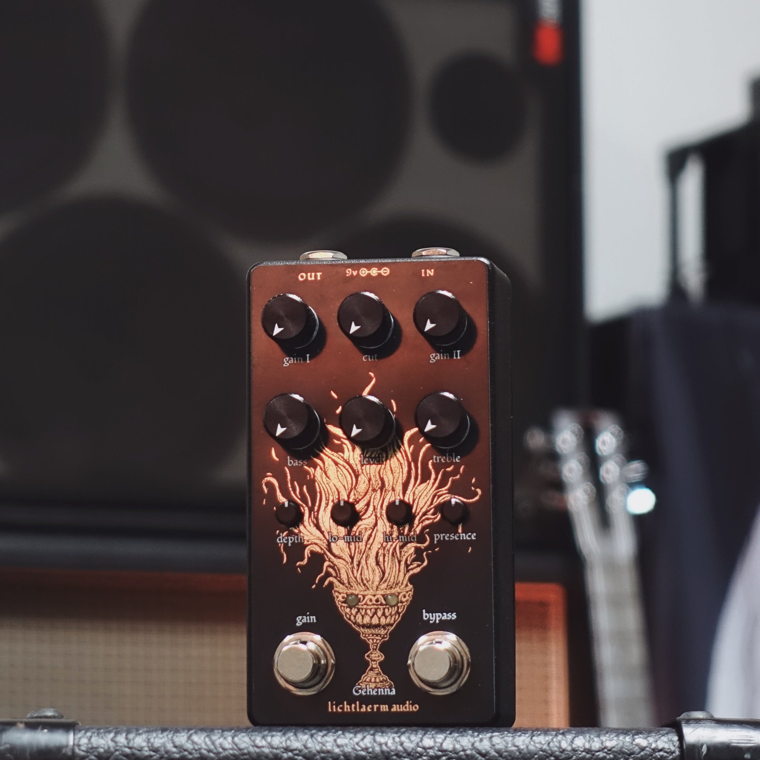 Black and gold Lichtlaerm Gehenna Distortion + Preamp pedal for guitars at Cult FX headquarters