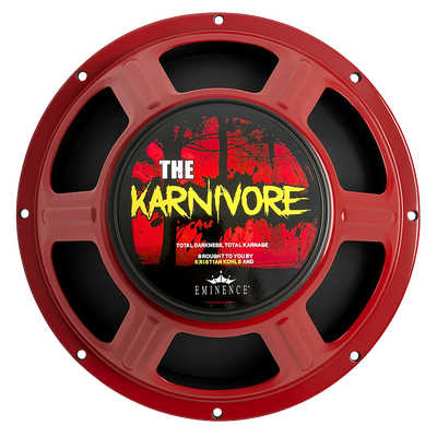 Red speaker cone with 'The Karnivore' branding on a white background