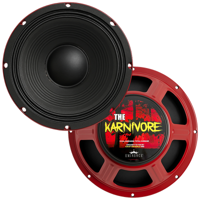 Speaker with a red and black design featuring 'The Karnivore' logo on the magnet