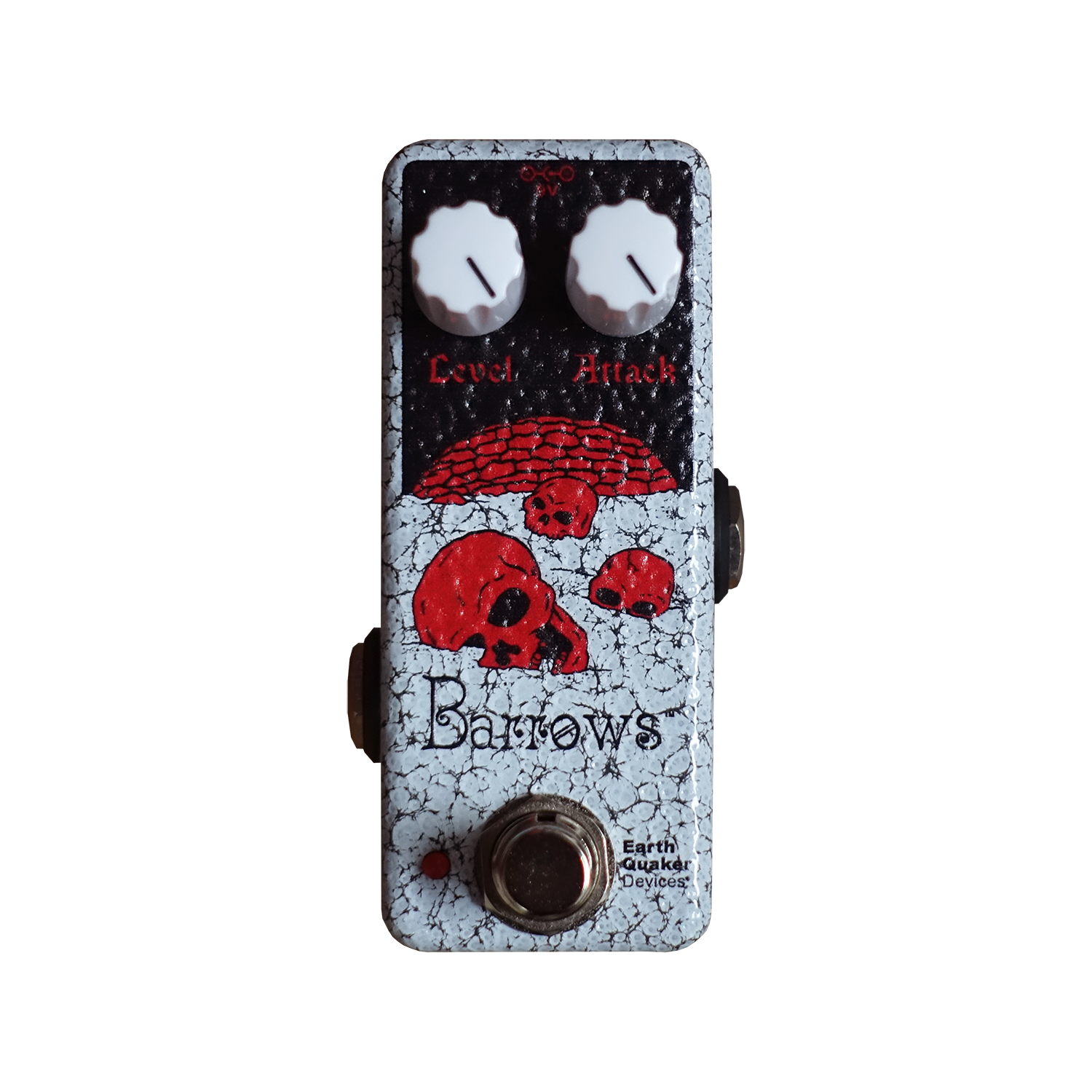 EarthQuaker Devices Barrows effects pedal with red skull design on a white background