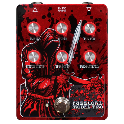 Guitar effects pedal with red and black design and 'Fuzzlord Model T150' branding.