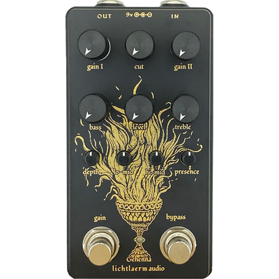 Black and gold Lichtlaerm Gehenna Distortion + Preamp pedal for guitars