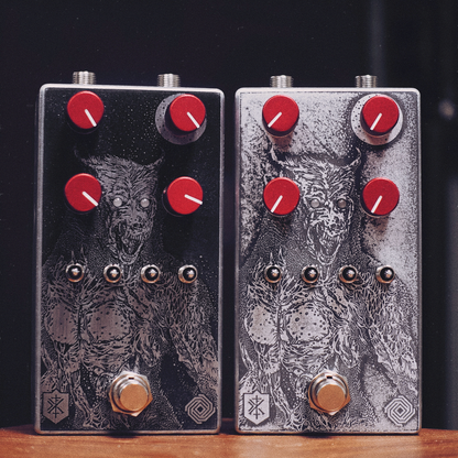 Black and silver acid etch Highwind Direwolf Boost Overdrive pedal for guitars