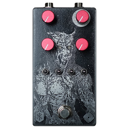 Black and silver acid etch Highwind Direwolf Boost Overdrive pedal for guitars