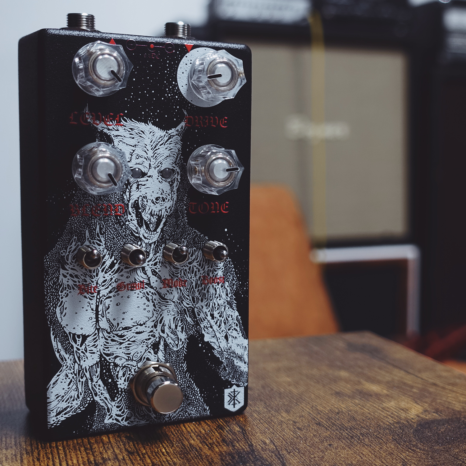 Black  Highwind Direwolf Boost Overdrive pedal for guitars with lights on