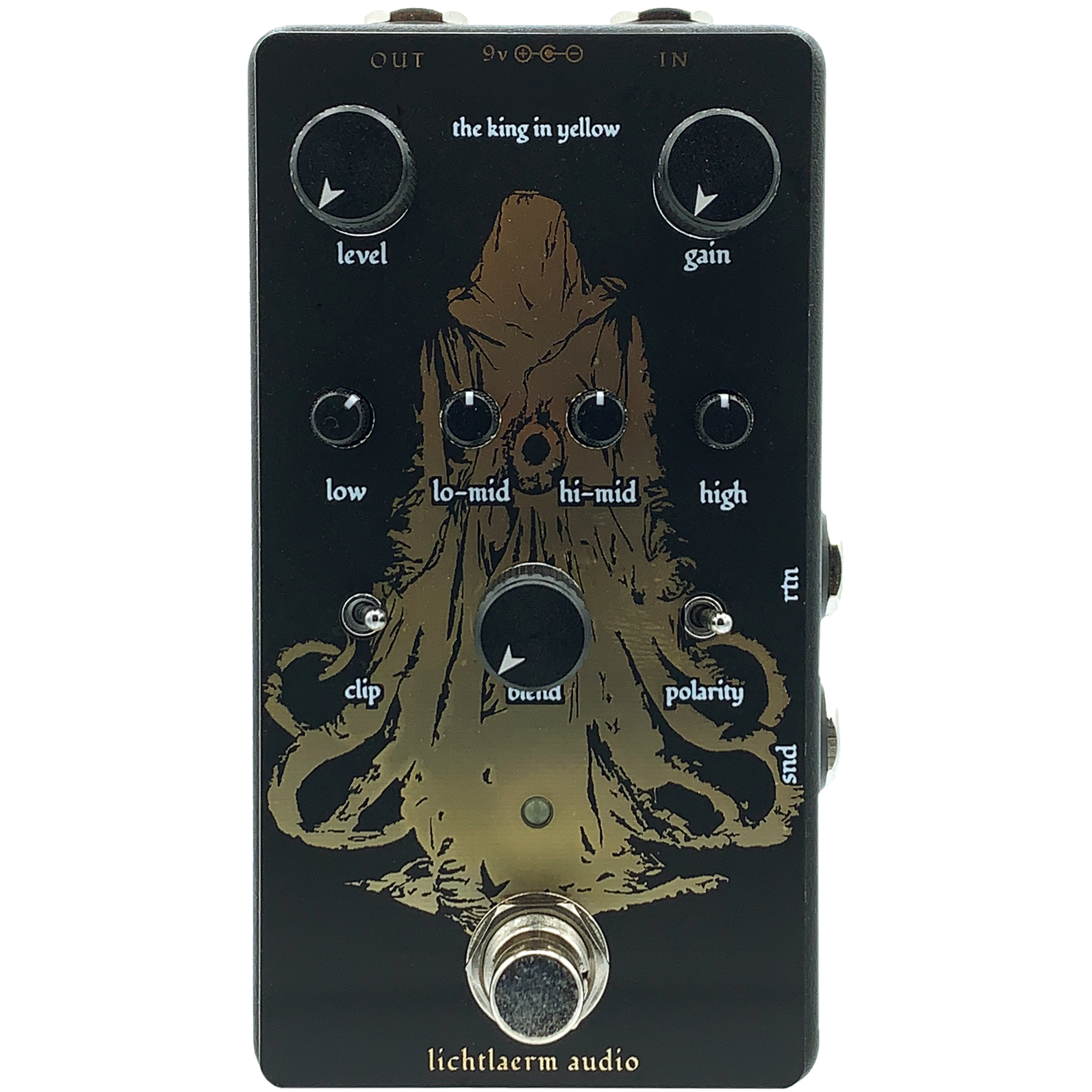 Black and gold Lichtlaerm The King in Yellow Parallel Blending Overdrive pedal for guitars