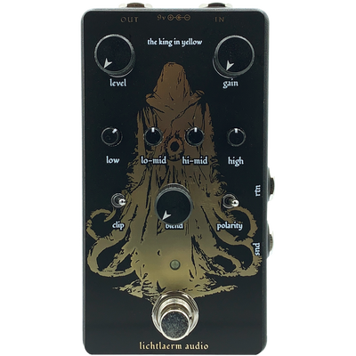 Black and gold Lichtlaerm The King in Yellow Parallel Blending Overdrive pedal for guitars