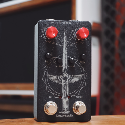 Black and red Lichtlaerm Aesahaettr Boost pedal for guitars at Cult FX headquarters