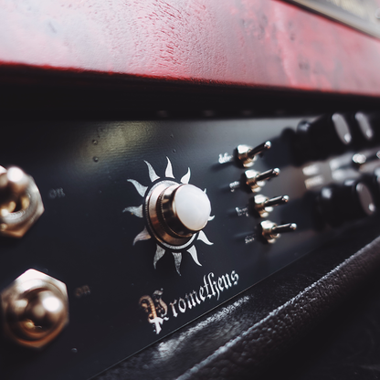 Close-up of a guitar amplifier with Lichtlaerm Audio 'Prometheus' branding.