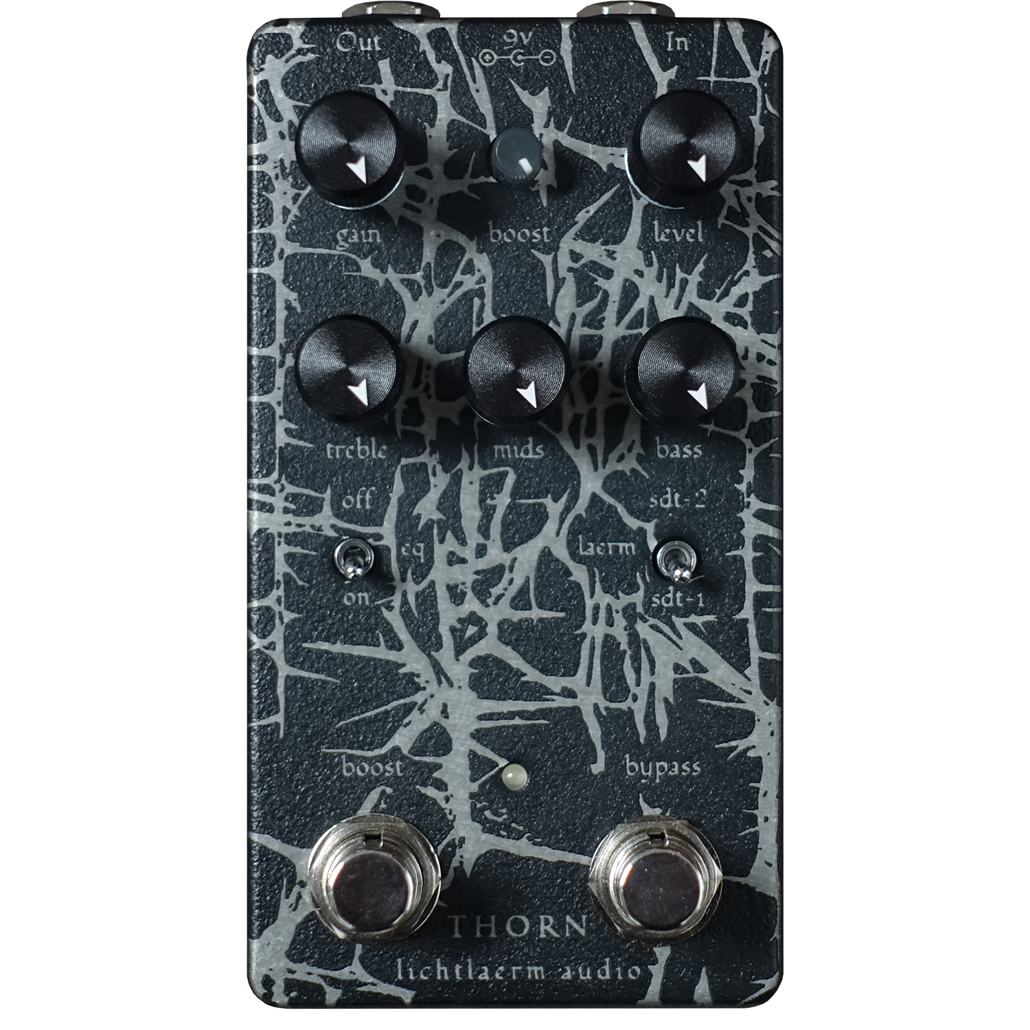 Lichtlaerm Audio Thorn pedal with etched aluminum design on a transparent background
