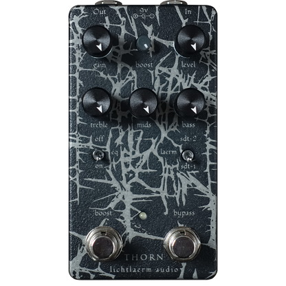 Lichtlaerm Audio Thorn pedal with etched aluminum design on a transparent background