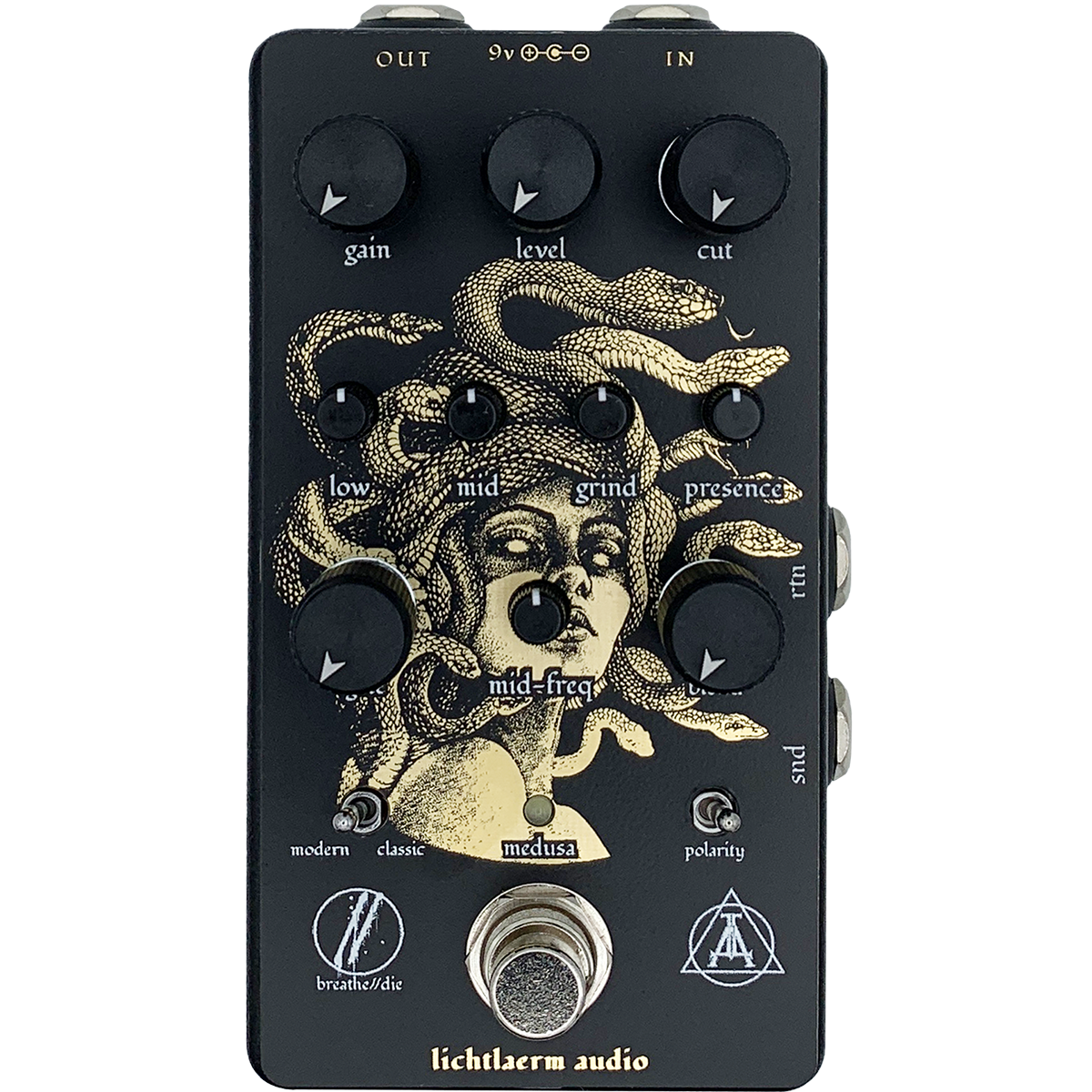 Black and gold Lichtlaerm Medusa Distortion pedal for guitars