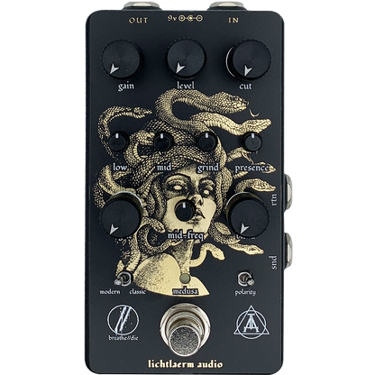 Black and gold Lichtlaerm Medusa Distortion pedal for guitars