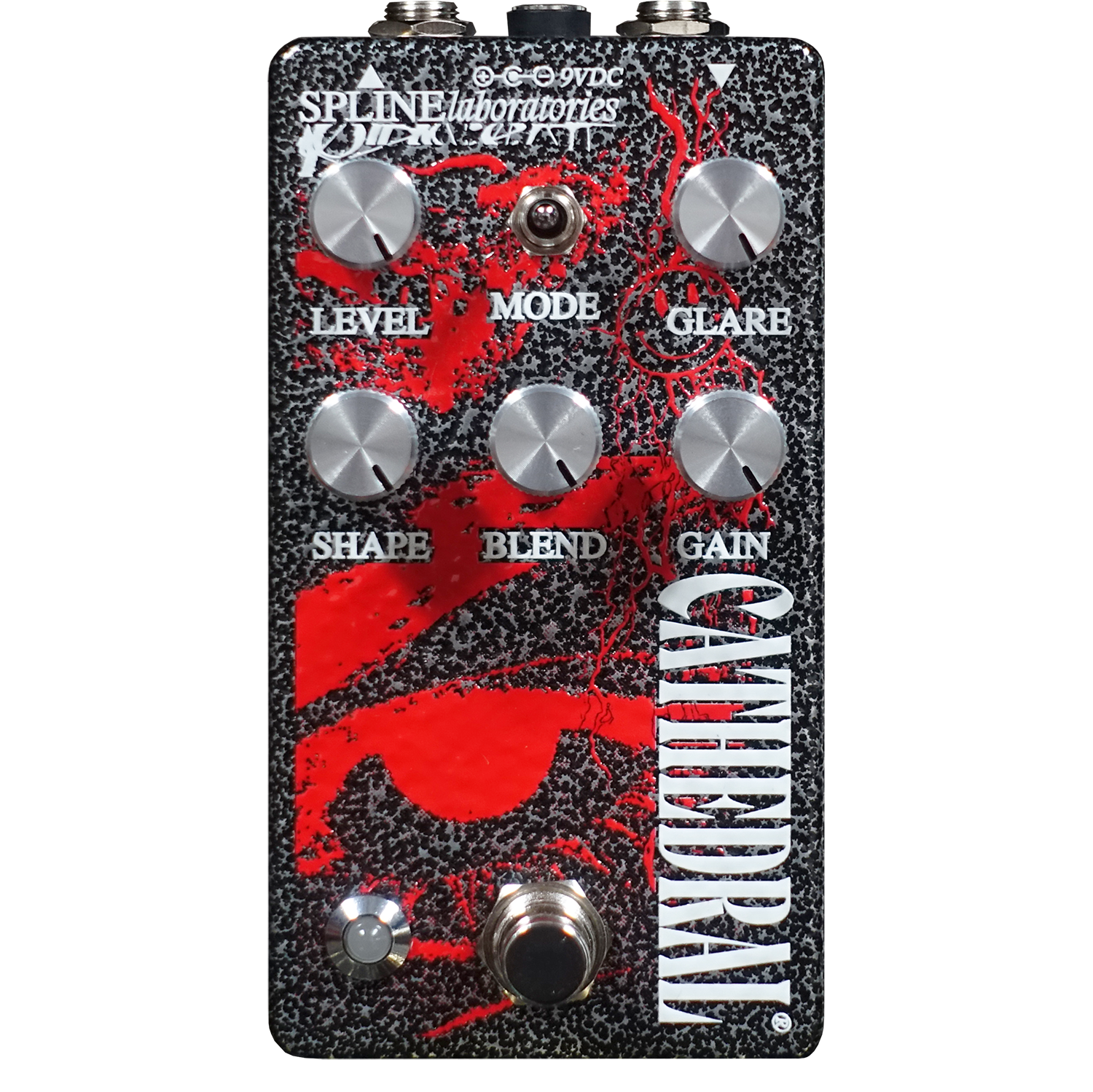Cathedral fuzz and boost pedal Black and silver hammered enclosure with red art