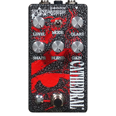 Cathedral fuzz and boost pedal Black and silver hammered enclosure with red art