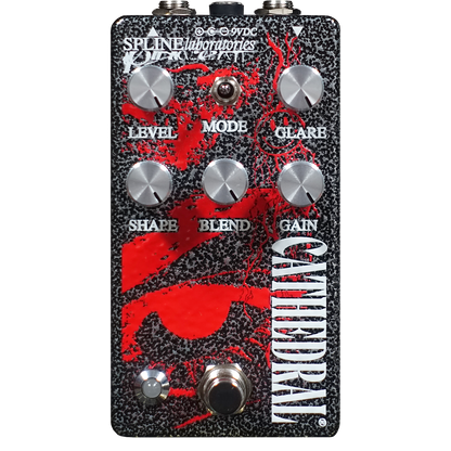 Cathedral fuzz and boost pedal Black and silver hammered enclosure with red art