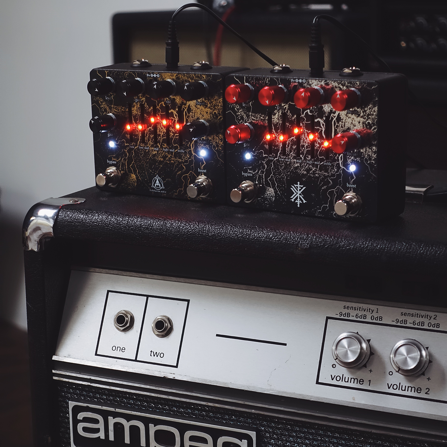 2 versions of Total Distortion Worship Pedal Black Silver Red and Black Gold