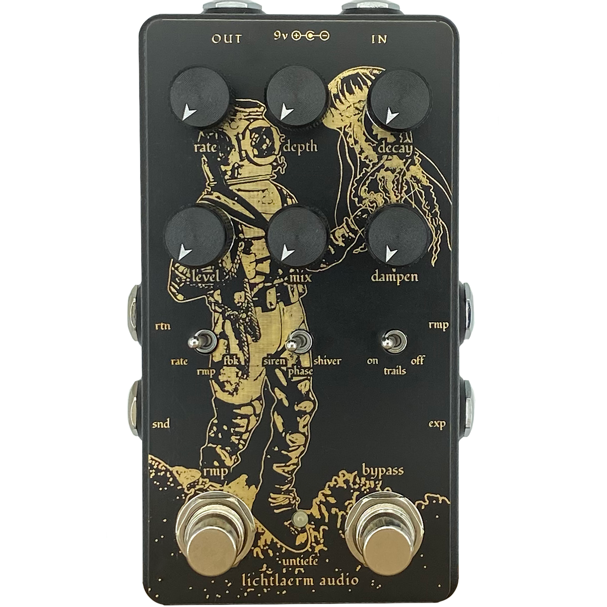 Black and gold Lichtlaerm Untiefe Multi-Modulation Reverb pedal for guitars