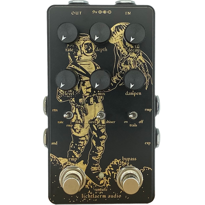 Black and gold Lichtlaerm Untiefe Multi-Modulation Reverb pedal for guitars