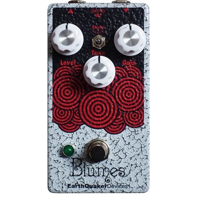 EarthQuaker Devices effects pedal with red spiral design and 'Blumes' branding on a white background